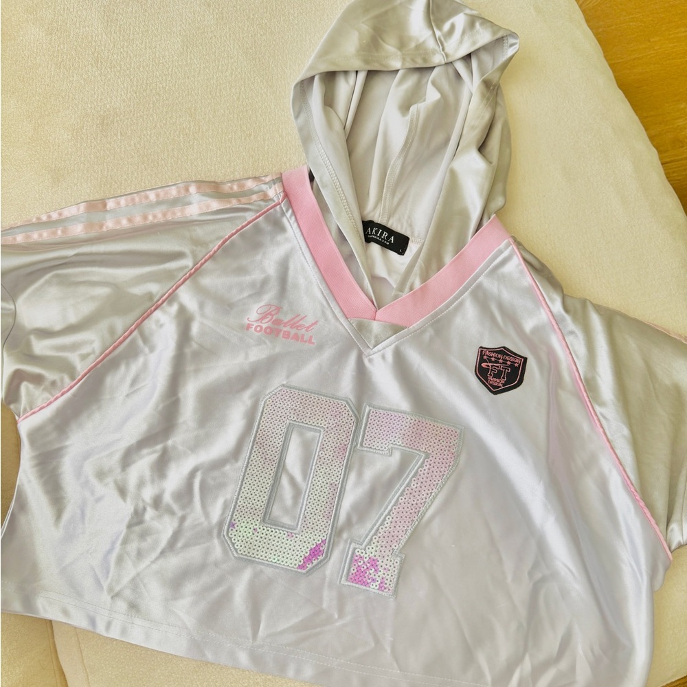AKIRA Silver Crop Hoodie with Pink Trim and Holographic '07'